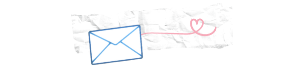 collage of a drawn envelope, a pink looping line with a heart and a wrinkled torn piece of paper