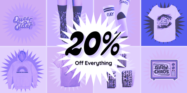 a collage of autostraddle merch in lilac tones with a white burst in the center that says 20% off everything