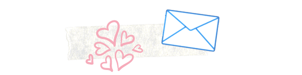 collage of a drawn envelope, pink hearts and tape