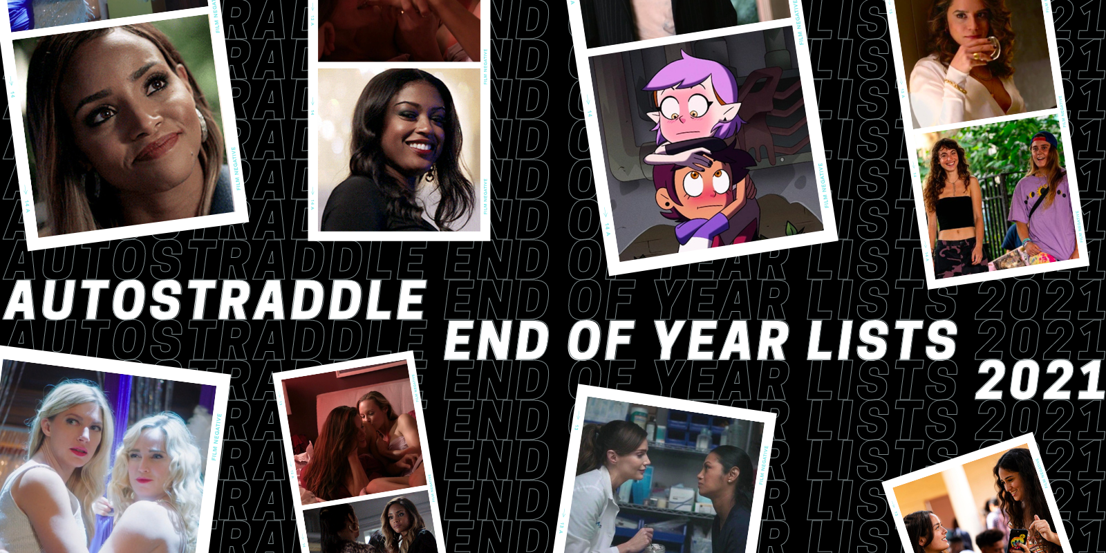 A collage of couples from this list — Batwoman, The Owl House, Station 19, The L Word: Generation Q, genera+ion, Betty, Legends of Tomorrow — with a background that says "Autostraddle End of Year Lists 2021." 