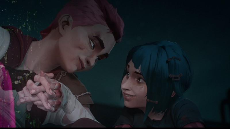 Vi smiling down at Powder, who is smiling up at her