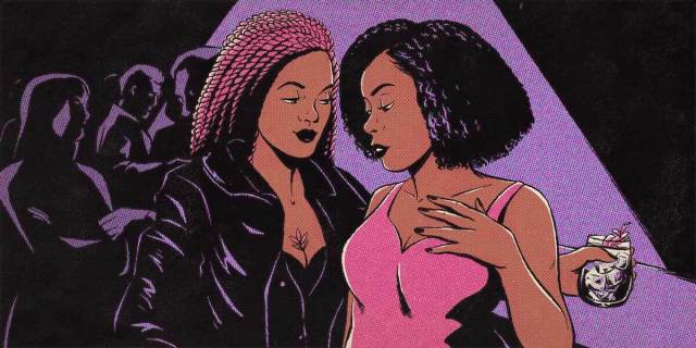 A person with brown skin, dark lipstick and long pink braids wears a black vest under a black leather jacket. There is a tattoo of a flower on their sternum and they're holding a drink. Their arm is around another person who has brown skin, dark lipstick and a chin-length twist-out. They are wearing a pink dress. They stare down the other person's shirt. In the background, which is black and purple, there are silhouettes of people mingling on the left.