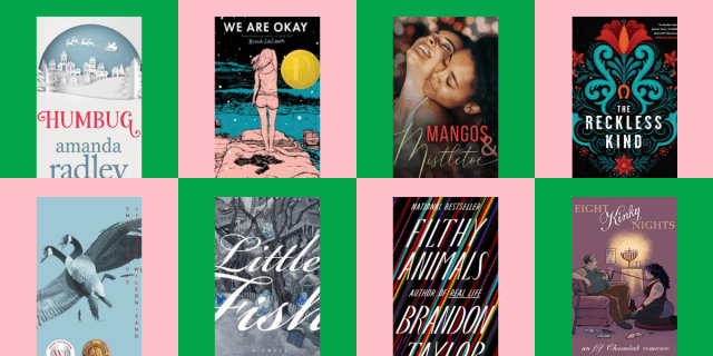 A collage of eight queer books with wintery vibes