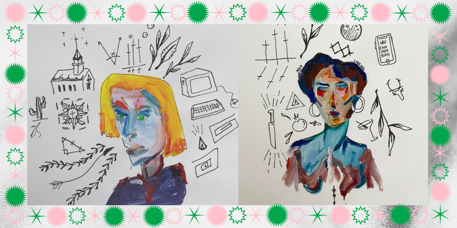 original art, line drawings with paint, depicting two women, one with a short yellow blonde bob and one with short dark hair, each surrounded by images of things that represent their personality. the border is pink and green, same as the other holiday content.