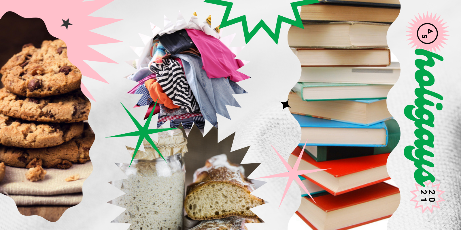 A collage featuring a stack of chocolate chip cookies, a stack of books, sourdough starter next to a loaf of sourdough, and a pile of clothes