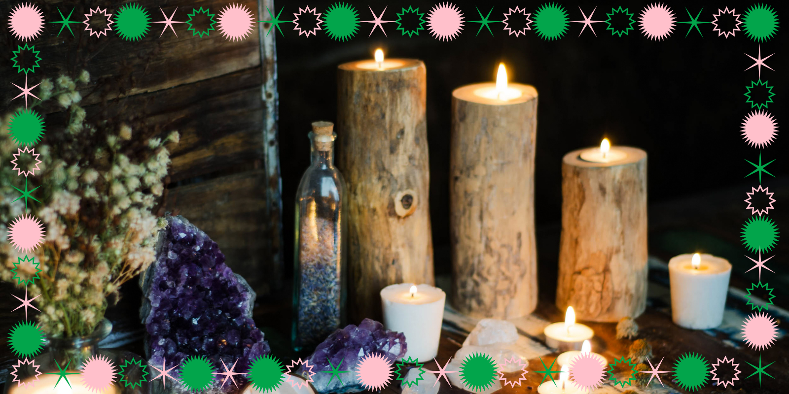 a robust altar with candles, crystals, and intentions for the new year
