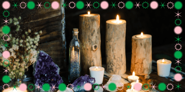 a robust altar with candles, crystals, and intentions for the new year