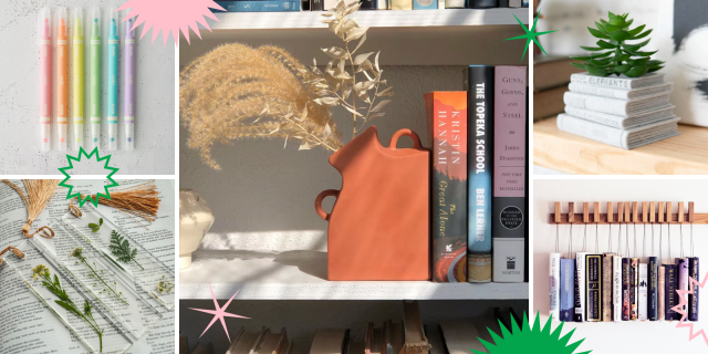 A collage including highlighters, a vase that's also a bookend, pressed flower bookmarks, a hanging bookshelf, and a planter shaped like books