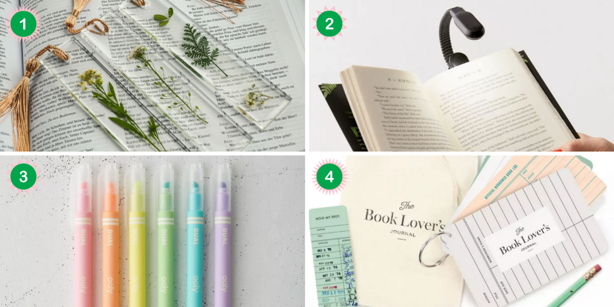 Gifts for book lovers collage: A photo of pressed flower bookmarks, a photo of a book with a reading light, a photo of a set of pastel shade highlighters, and a photo of a Book Journal that looks like library files