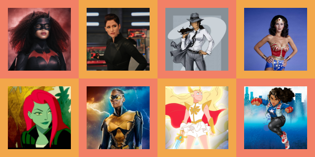 Eight photos that represent results from the quiz: Batwoman, Sentinel, The Question, Wonder Woman, Poison Ivy, Thunder, She-Ra, and America Chavez