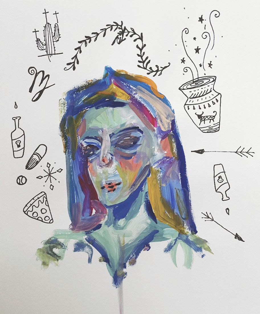 pen and paint drawing depicting a person with long colorful hair surrounded by multiple things including a cactus and a slice of pizza