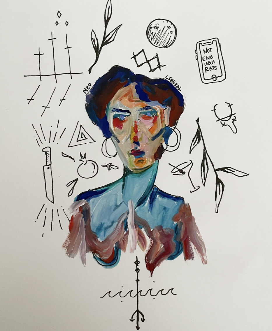 pen and paint drawing depicting a woman with short hair, big hoop earrings, a long neck, and the word neoliberal spelled out above her head