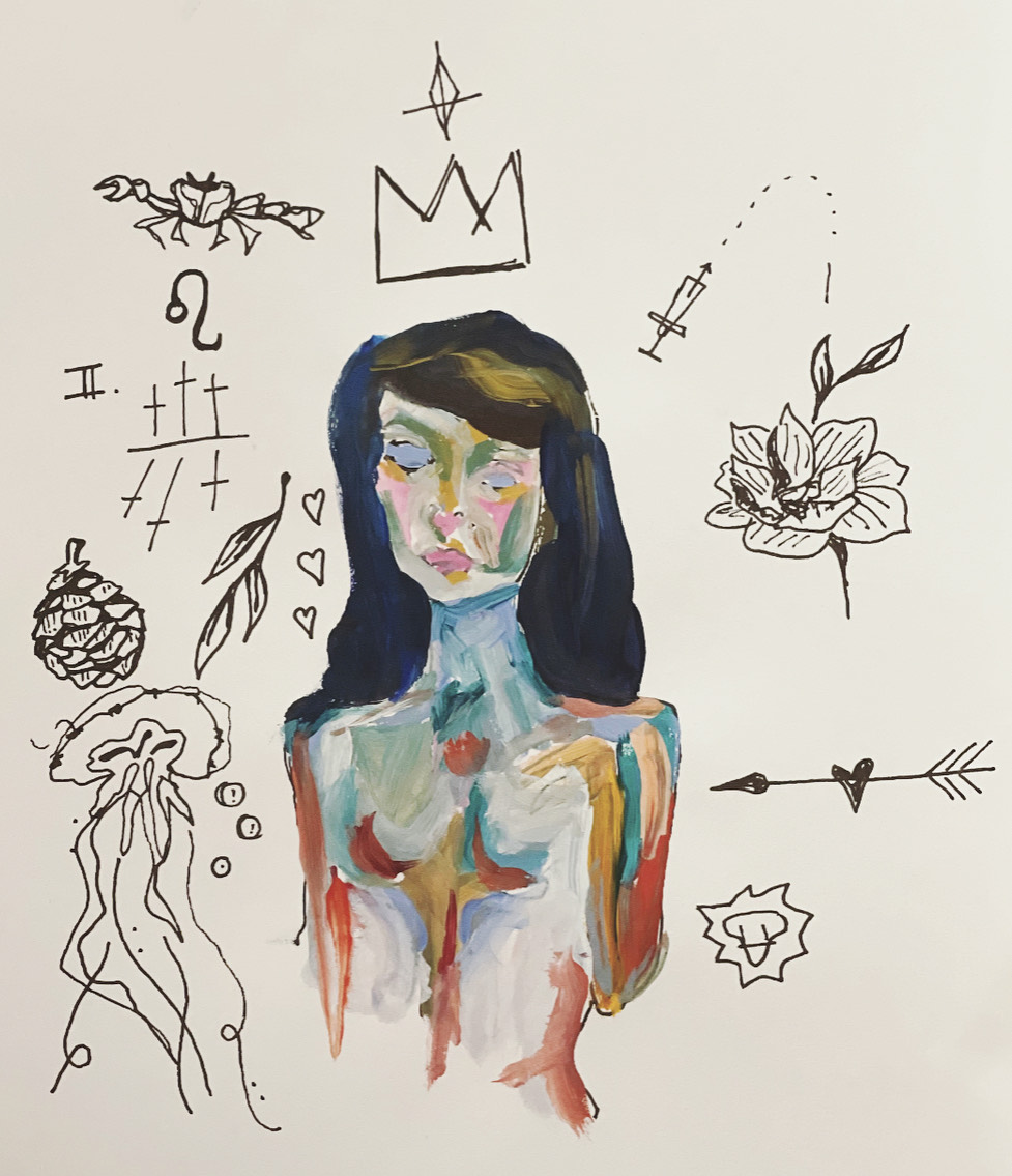 pen and paint drawing depicting a stoic and beautiful woman with long hair, a skeptical mouth, and a crown hovering over her head