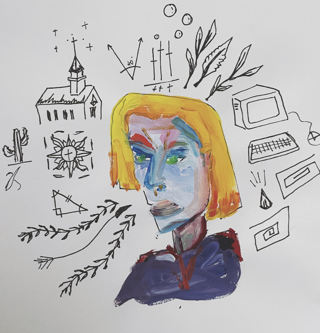 pen and paint drawing depicting a woman with yellow blond hair surrounded by a church, computers, and some math equations