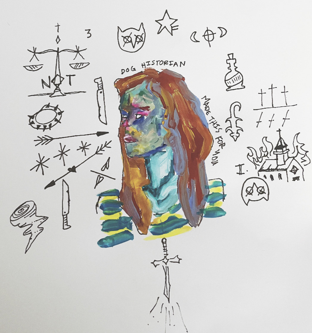 pen and paint drawing depicting the profile of a person with long brown hair, surrounded by images of scales, a star, an arrow, and more