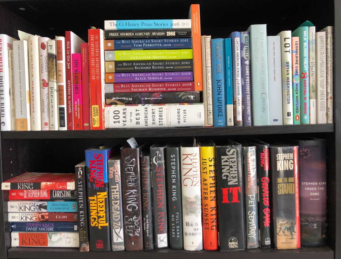 two shelves of books, the bottom one is full of stephen king