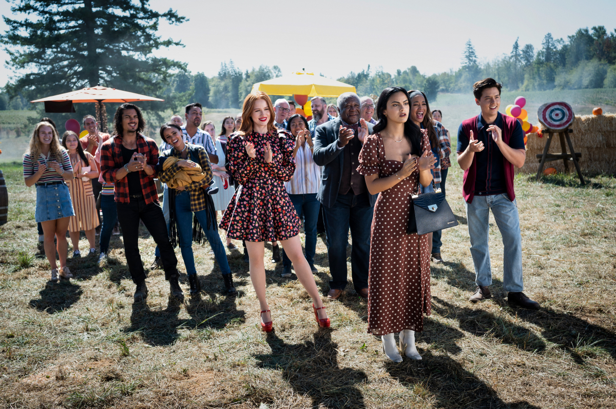 Riverdale -- “Chapter Ninety-Six: Welcome to Rivervale” -- Image Number: RVD601a_0115r -- Pictured (L - R): Drew Ray Tanner as Fangs Fogarty, Vanessa Morgan as Toni Topaz, Madelaine Petsch as Cheryl Blossom, Alvin Sanders as Pop Tate, Camila Mendes as Veronica Lodge, Erinn Westbrook as Tabitha Tate and Cole Sprouse as Jughead Jones -- P