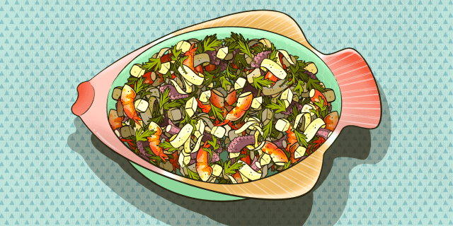An illustration of a fish-shaped platter holding fish salad