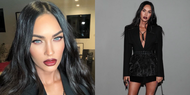 Two photos of Megan Fox in a bold lip and black clothes