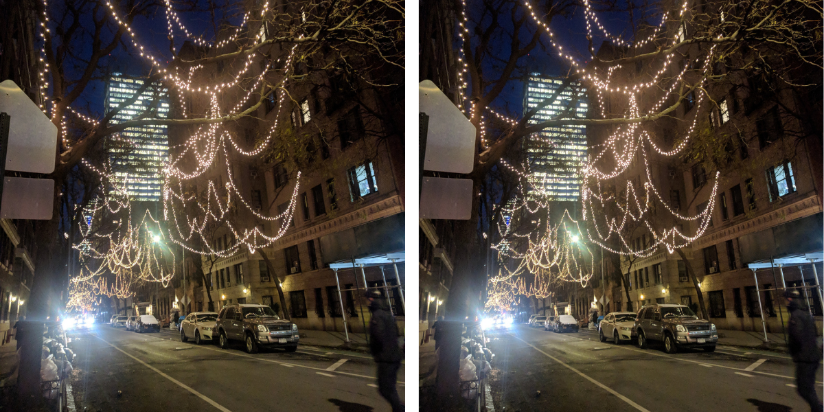 Side by side identical images of string lights hanging from a tree in New York City