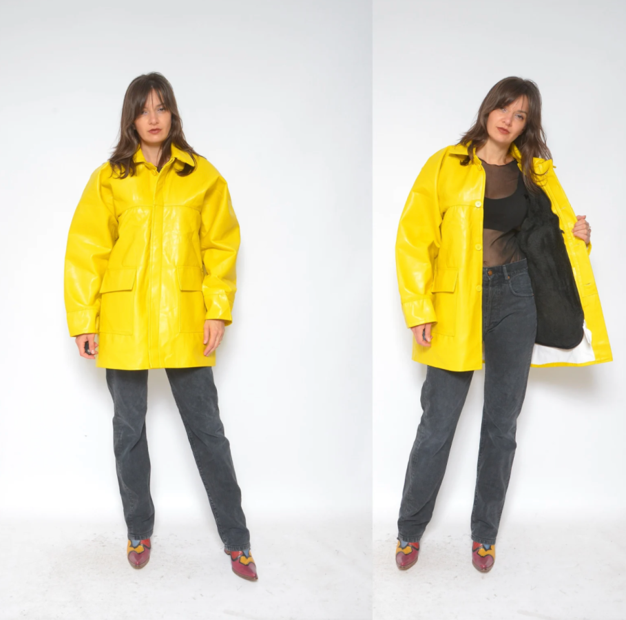 Two photos of a person wearing a yellow pleather jacket with black faux fur lining