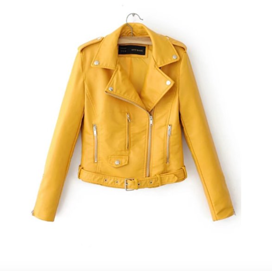 A mustard colored moto jacket