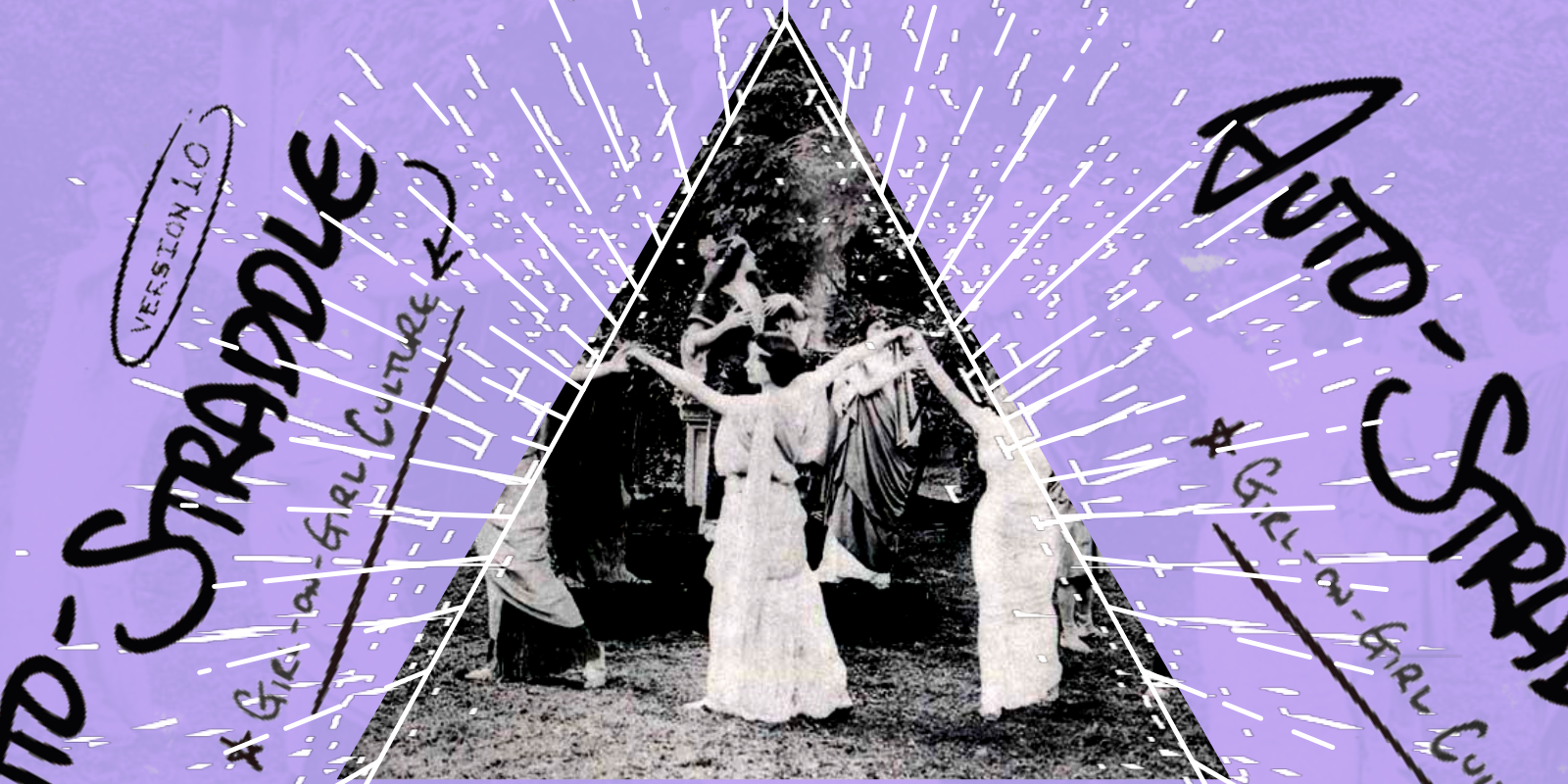 there is a vintage photo of Natalie Clifford Barney and her saphhic salon dance in a circle in her yard, within a triangle and decorative lines radiating from the triangle against a lavender background