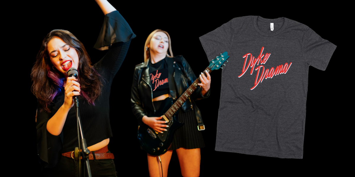 a singer/guitarist duo wearing DYKE DRAMA tees