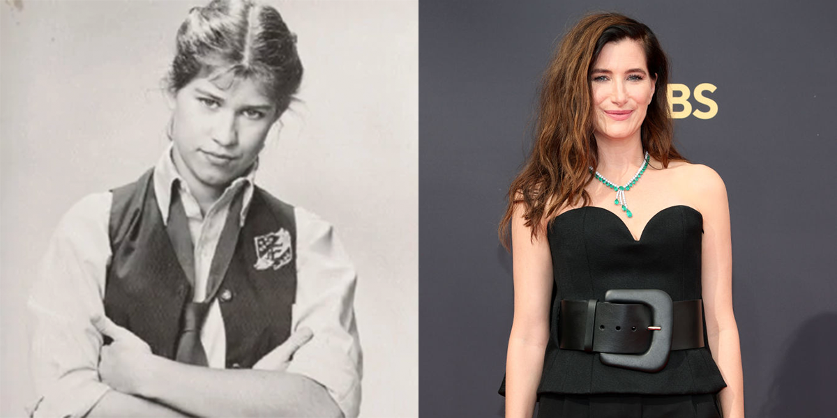 Two photo collage: Black and white photo of Jo from The Facts of life and Kathryn Hahn on the red carpet