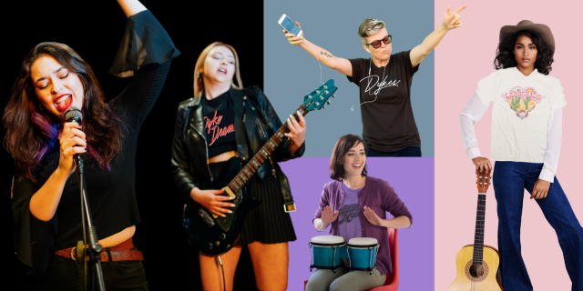 a collage of "bands" wearing autostraddle merch — a singer/guitarist duo wearing DYKE DRAMA, a older masc dyke holding up her arms wearing the DYKES tee, a woman seated with drums wearing the Lavender Menace shirt, and a person standing with a guitar wearing the lesberado tee.