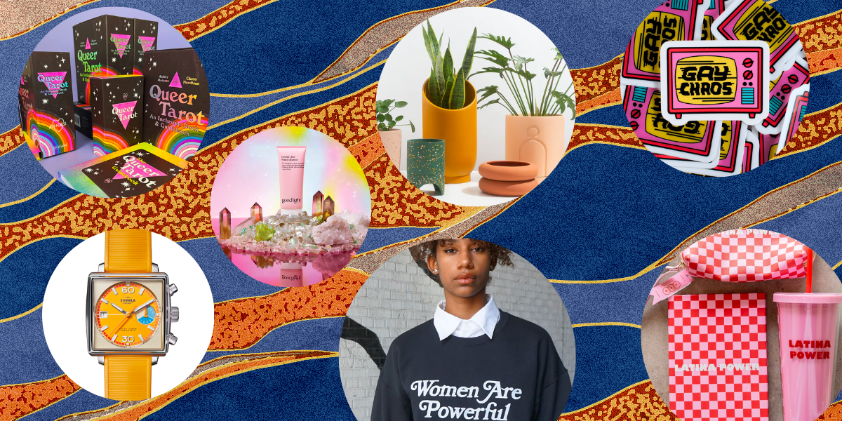 Collage of items from the post: watch, queer tarot deck,