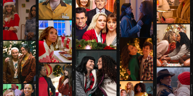 Lesbian Christmas movie collage: Column One: Christmas Clapback, Picture Perfect Christmas, You Make It Feel Like Christmas. Column 2: Let it Snow, a New York Christmas Wedding, Ghosting the Spirit of Christmas. Column 3: Happiest Season, Under the Christmas Tree. Column 4: