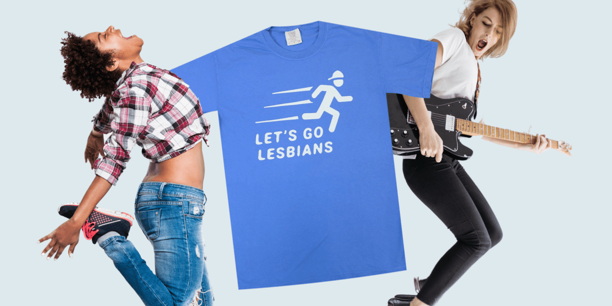 Two lesbians jumping wildly, one is playing guitar — Let's go Lesbians tee in the middle