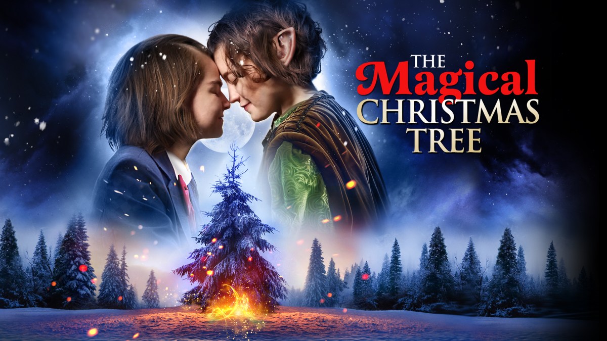 two non-binary elves kissing on a poster for the magical christmas tree