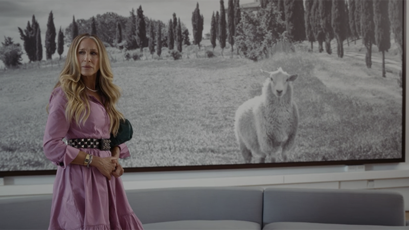Carrie stands in front of a giant black and white photo of a sheep while wearing a pink dress