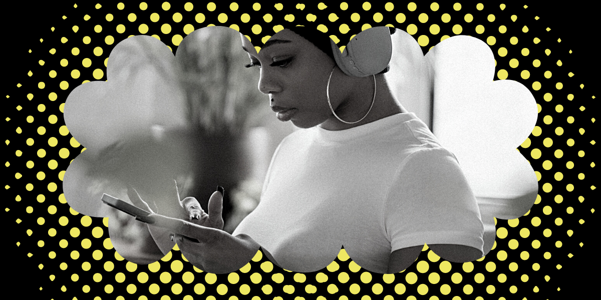 A black border with yellow dots surrounds the edges of a black and white image of a Black woman wearing headphones, a white t-shirt and large hoop earrings. She is looking at her phone.