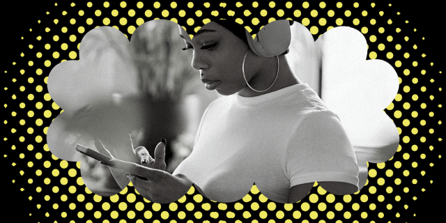 A black border with yellow dots surrounds the edges of a black and white image of a Black woman wearing headphones, a white t-shirt and large hoop earrings. She is looking at her phone.
