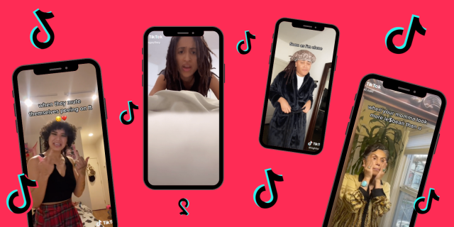 4 images on 4 phones on a Red background with the TikTok logo floating in between them. From left to right: Phone 1 A Black person wearing a black the has both middle fingers up to the camera with the text “When they mute themselves peeing on ft” Phone 2 shows a Black person with locs staring into the camera while hovering over a bed. Phone 3 shows a Black person with locs wearing a bonnet and a robe with text above them that reads “As soon as she leaves”. Phone 4 shows a person putting moisturizer on their face while looking in the mirror with the text “When your momma look more le$bean than u”