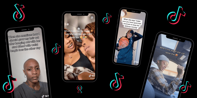 4 images on 4 phones on a Black background with the TikTok logo floating in between them. From left to right: Phone 1 A Black person with a bald cut and hoop earrings looks into the camera with text above that reads “When she mentions how I should grow my hair out after hanging out with her stud friend with waist length locs the other day” Phone 2 Two Black people are talking bed with text above them that reads “When I ask her for some cat and she act like she can’t hear me” Phone 3 is a tall Black person holding a basketball looking into the camera with text above them that reads “When she says make sure you have quick ball reversals to keep the defense moving” Phone 4 is a Black person sitting in the car wearing a beanie with text above them that reads “When she ask if she can taste the cookie”