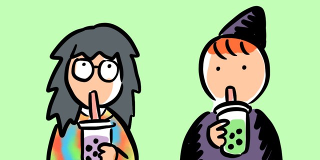 Baopu and a friend (who is their past self) drink bubble tea.