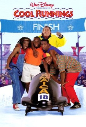 A film poster for Cool Runnings showing four bobsledders plus their coach and a female love interest crowded round the bobsleigh