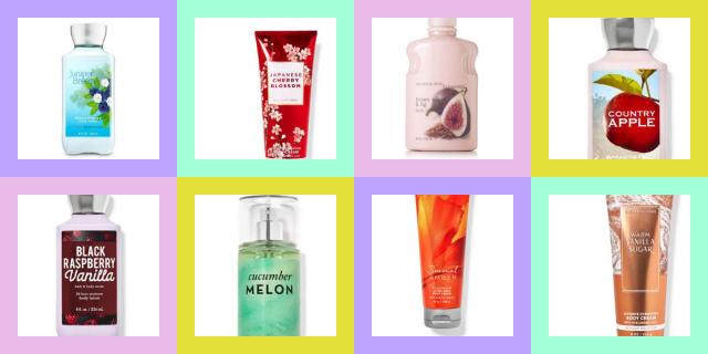 A collage of Bath And Body Works scents