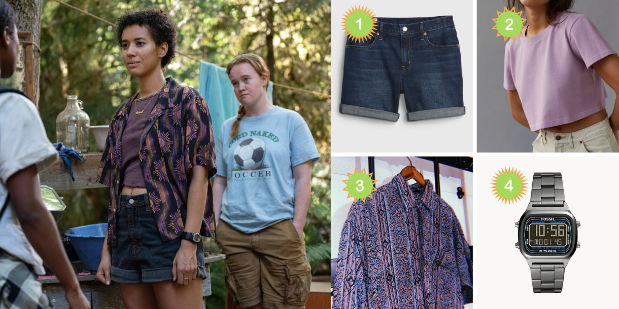 A collage featuring a photo of teen Taissa from "Yellowjackets," a pair of denim shorts, a cropped purple tee, a patterned buttondown, and a retro digital watch