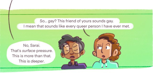 Dickens and their friend Sarai talk against a green background about the story of Encanto, except Sarai thinks it is gay.