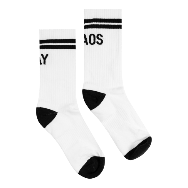 "Gay" and "Chaos" are printed on black and white tube socks