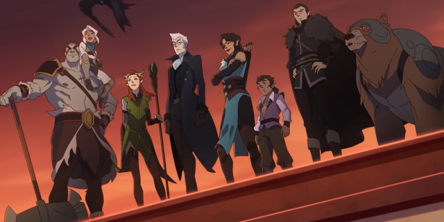 Still of the entire party from Legends of Vox Machina, standing proudly all in a row