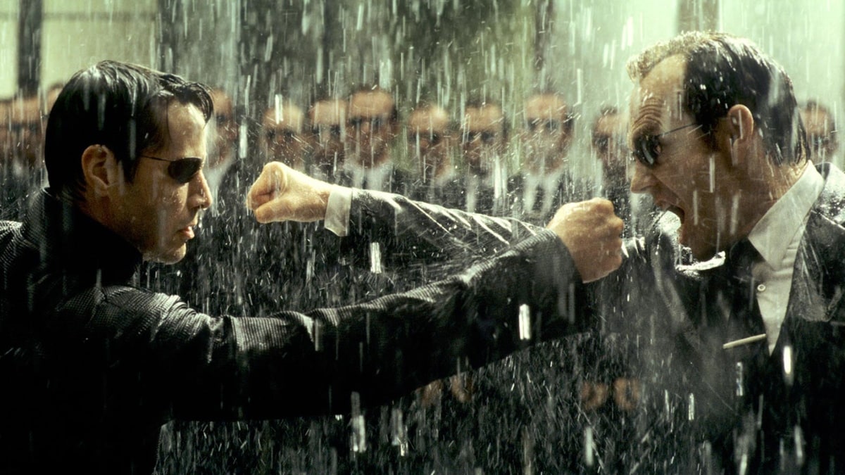 Neo and Mr. Smith punching each other in the rain in "The Matrix Revolutions"