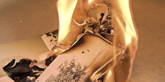 A card with trees depicted on it, burning from a flame.