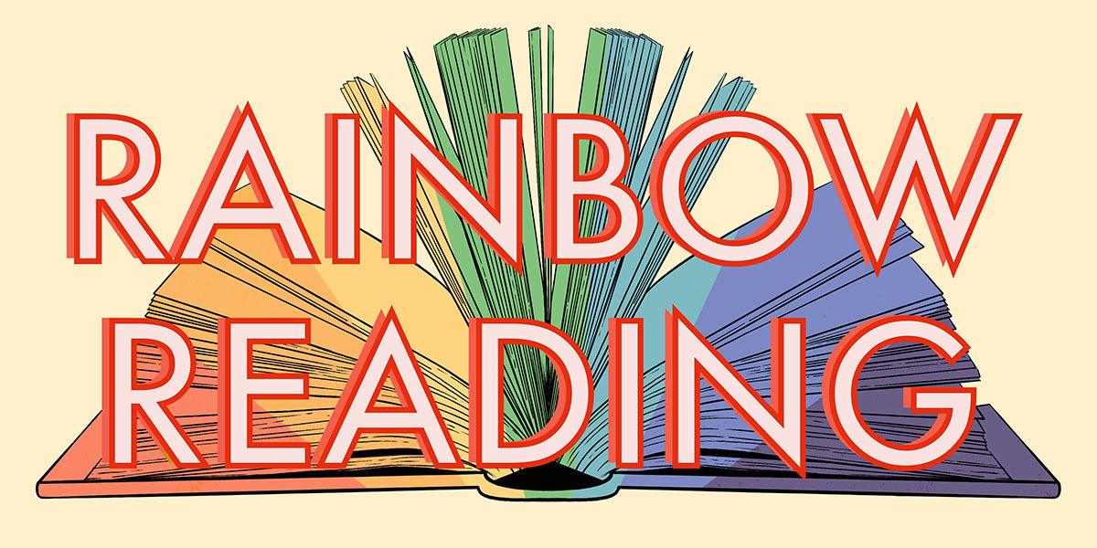 A book in faded colors of the rainbow is open, and the words RAINBOW READING are on top of it.