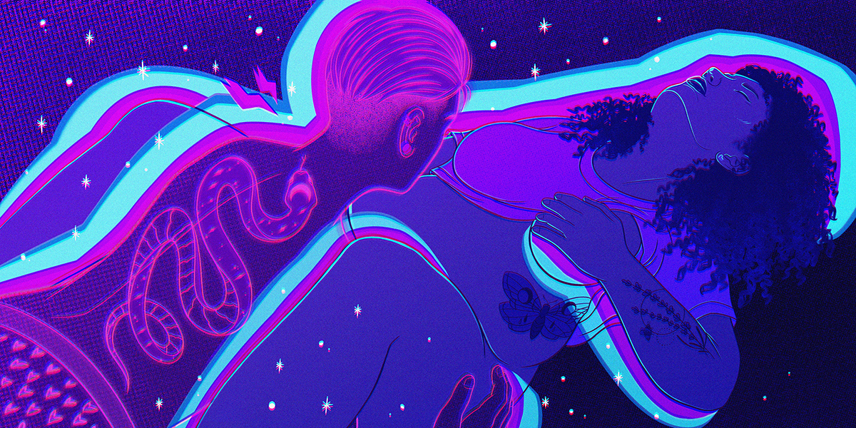 The entire image is in purple tones. A drawing shows a woman with dark skin and long, dark, curly hair on her back. Her shirt is pulled up, exposing one breast, which she covers with her hand. She has a floral tattoo on her lower arm and a butterfly tattoo on her side. A person with short hair which is shaved on the bottom leans between the woman's thighs. They have a snake tattoo on their back. The background is covered in stars.
